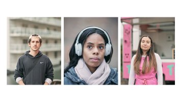 3 portraits left to right Ayad wears a hoodie, Breanne wears headphones and Panida wears a pink top