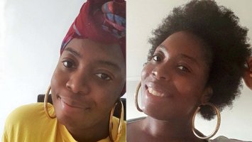 Screen is split in two Elisha on the left wears a yellow top and headscarf, Elisha on the right wears large gold hoop earrings with her natural hair fluffed up