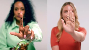 The photo shows Amy and Roxy with their left hand up to the camera. The words "MS" and "Must Stop" are written on their hands.