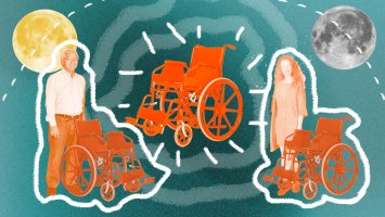 illustration with 3 wheelchairs: 2 stand by a man and woman, 1 shines alone in the centre