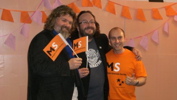 The Hairy Bikers with our Celebrity Manager Lee, waving MS Society flags