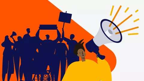 Illustration of a person dressed in yellow speaking through a megaphone. In the background is the silhouette of a group of protesters, one of whom is using a wheelchair.