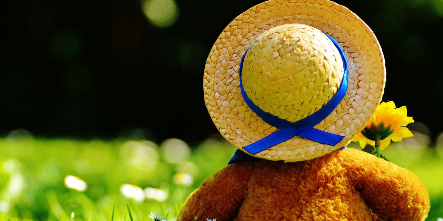 Photo: a teddy bear in a straw hat