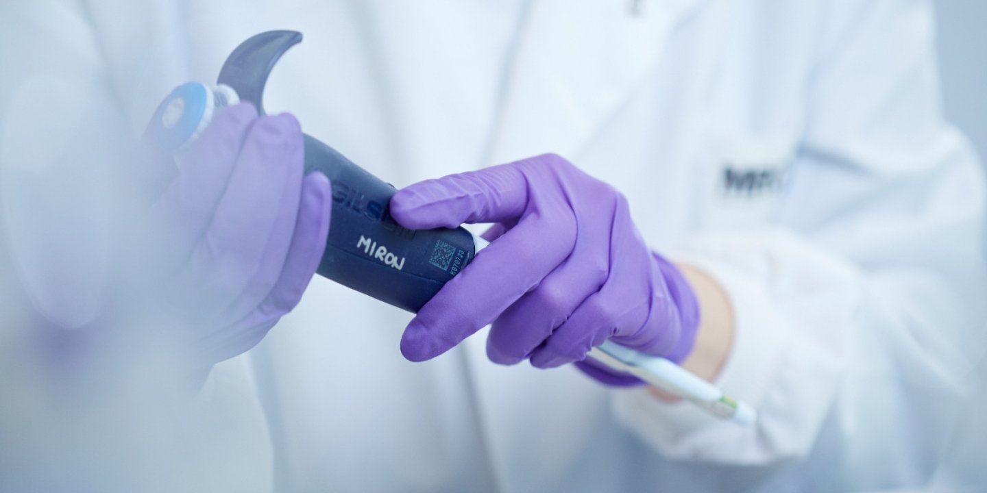 Close up of a researcher's hands wearing purple gloves and holding a piece of lab equipment