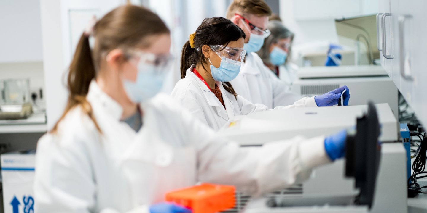 a line of researchers in lab coats are all working  on specimens