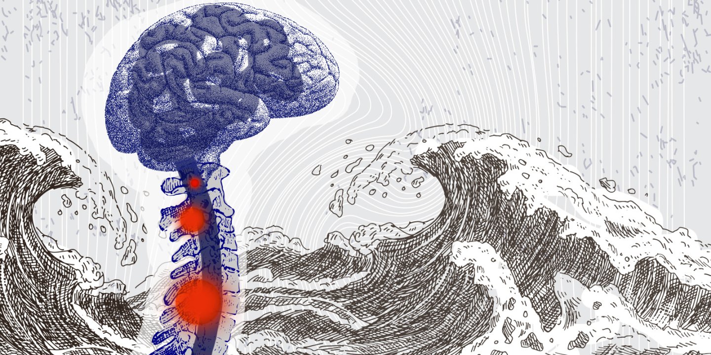 Illustration of spinal cord and brain, with stormy waves in the background