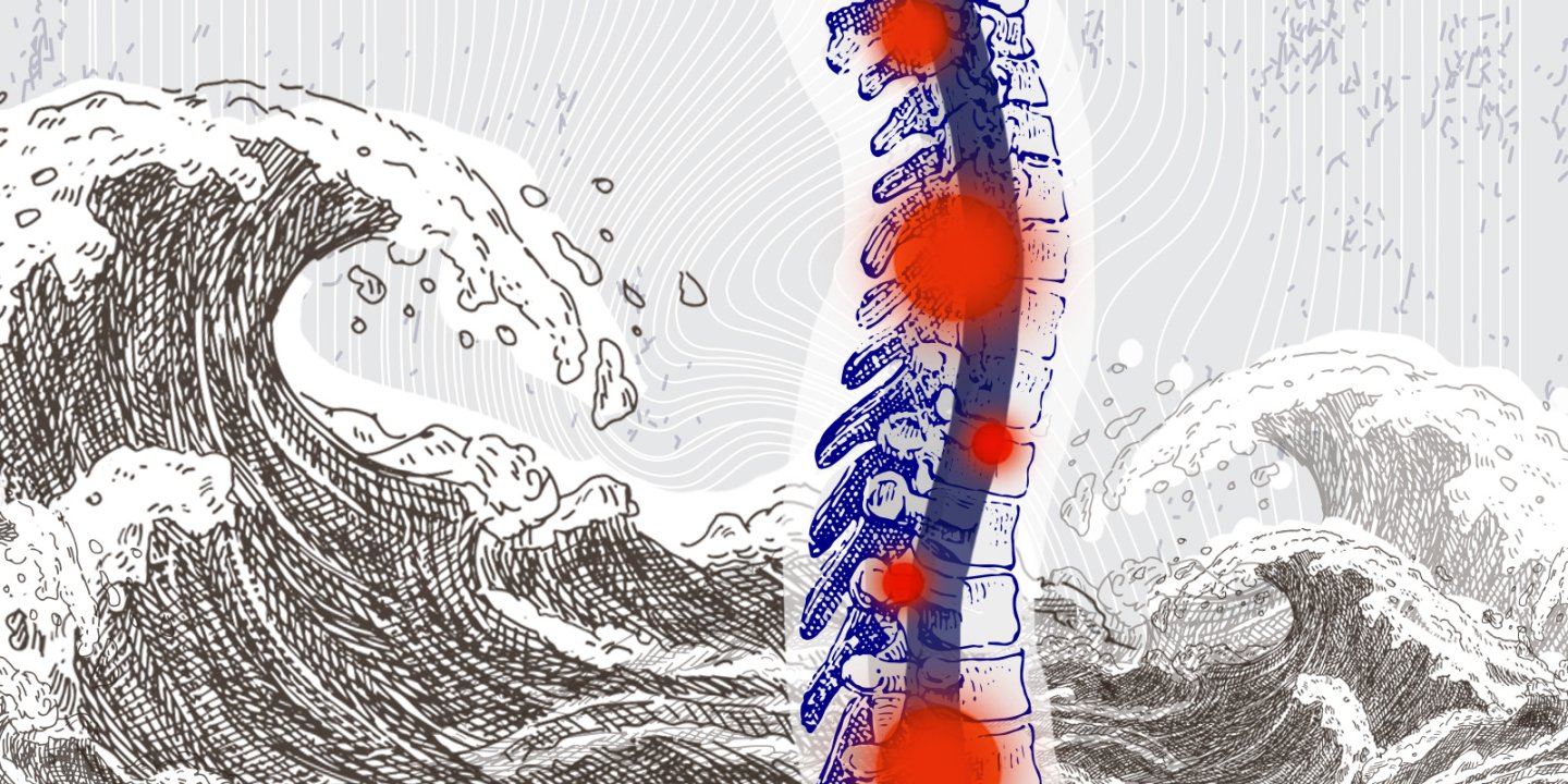 Illustration of the spinal cord, with stormy waves in the background