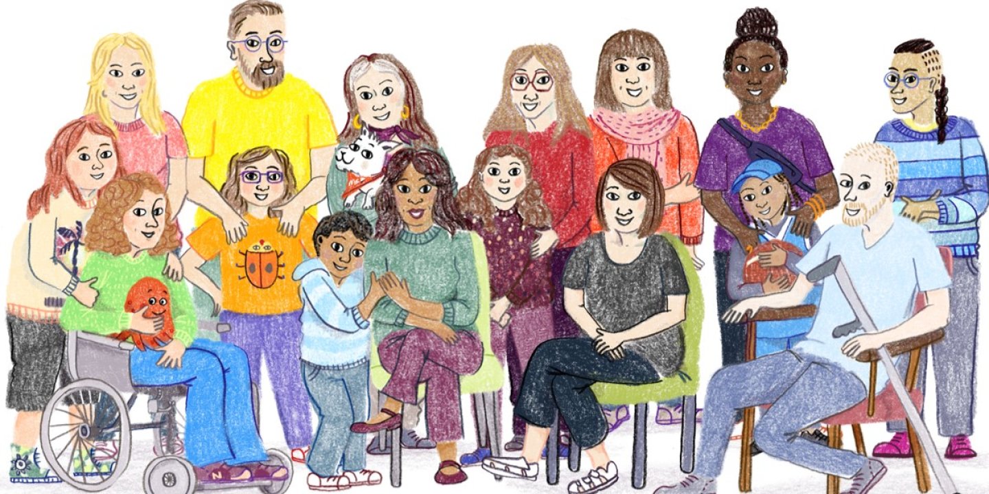A colorful illustration of a group of adults and children, some sitting and some standing. They wear bright clothing and hold various objects, including a stuffed animal, a book, a toy, and a white cat with black spots. The background is plain white