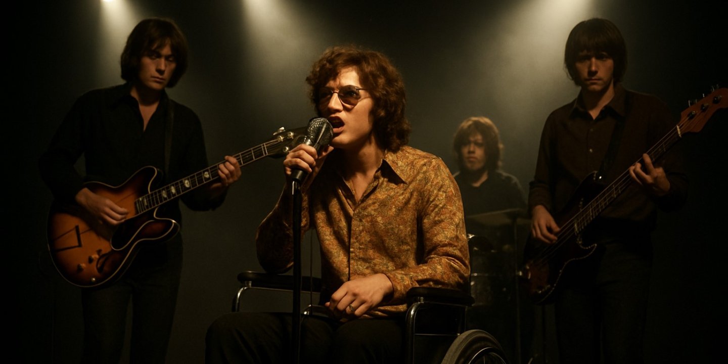 This is an AI generated image created by blog author Grahame Brown to illustrate one of his podcasts. A four-piece band performs in a dark room illuminated by three spotlights. The lead singer, a man with curly brown hair, sunglasses, and a brown patterned shirt, sits in a wheelchair. No one in the band looks happy