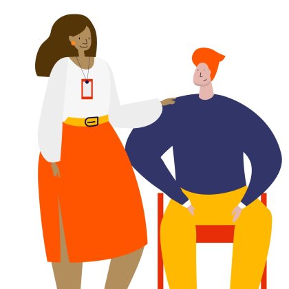 Illustration of healthcare worker with their hand on a seated person's shoulder