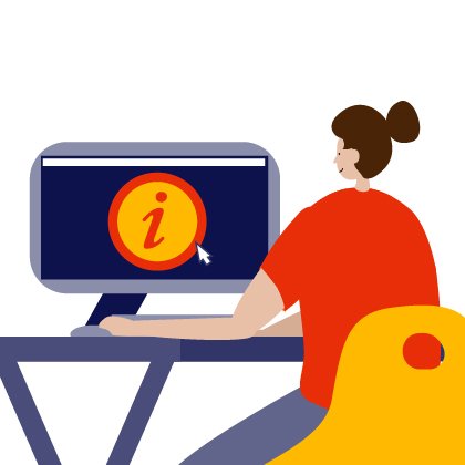 Illustration of person sitting at a computer which has an "i" information icon on it