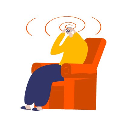 Illustration of person sitting in an armchair, with lines around their head to indicate pain