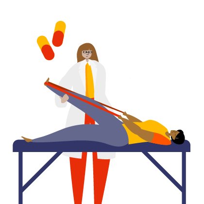 Illustration of someone lying on a table receiving treatment from a therapist. To the side of them are some pills.