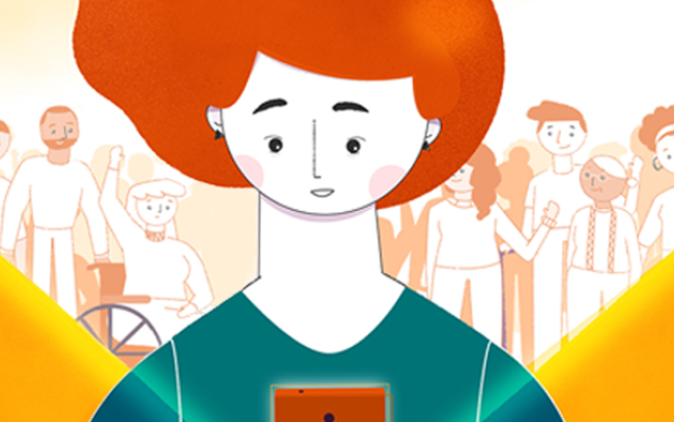 Illustration of a person with orange hair looking at a mobile phone