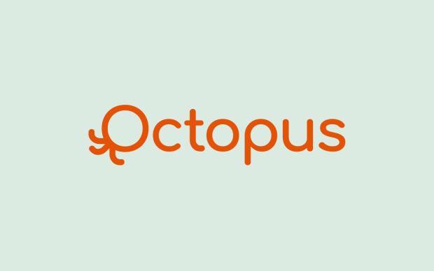 Octopus in orange letters against a light blue background
