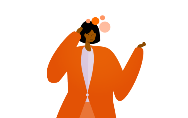 Illustration of person holding their hand to their head, bubbles appear from head