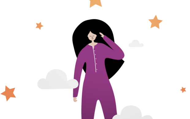 Illustration of person with clouds and stars around them touching their head
