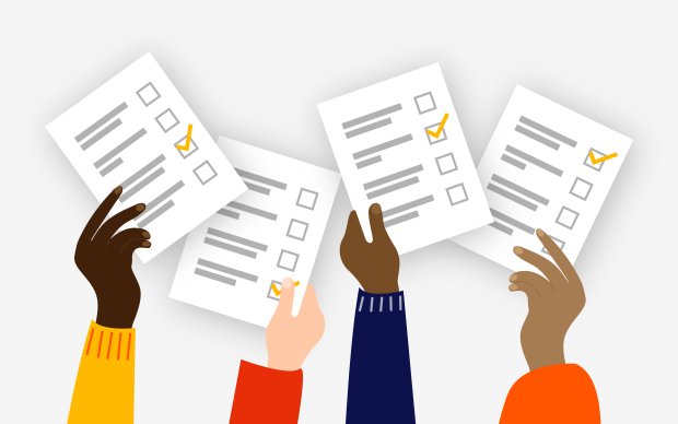 Illustration showing four hands with different skin tones holding polling cards