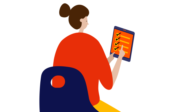 Illustration of a person sitting in a chair, using the touchscreen on their iPad-style tablet