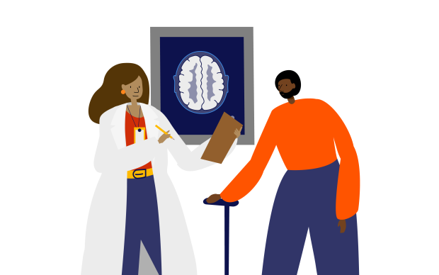 Illustration of a medical professional holding a clipboard in front of an MR scan. They are talking to their patient who is using a walking stick