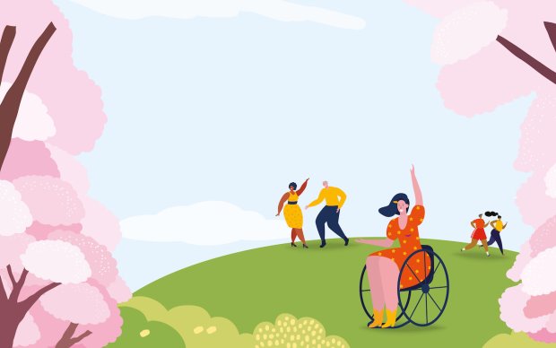 A group of people in a park in springtime