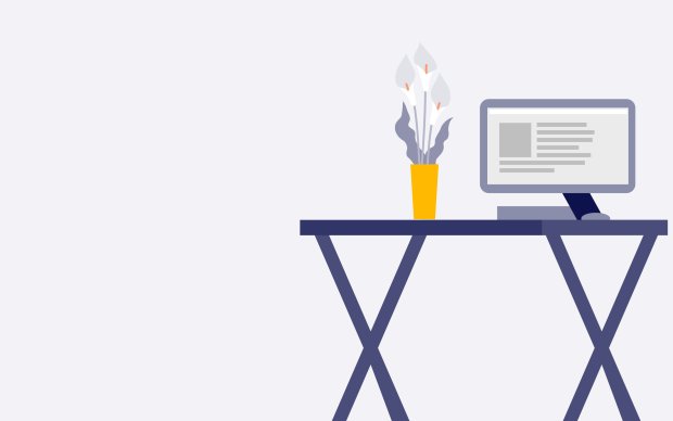 Graphic showing a table with a monitor and vase of white lilies