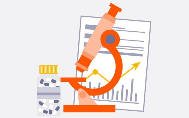 Microscope, bottle of pills and papers with charts