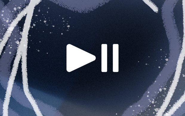 White play-pause button on a dark, textured background with abstract, swirling light and dark purple lines.