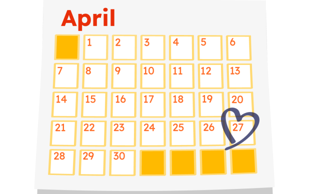 An illustration of a calendar page for April, with a heart drawn round the number 27