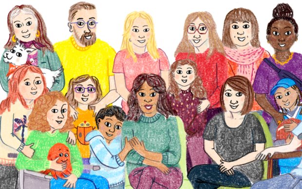 A colorful illustration of a group of adults and children, some sitting and some standing. They wear bright clothing and hold various objects, including a stuffed animal, a book, a toy, and a white cat with black spots. The background is plain white
