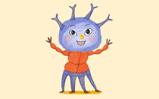 Cartoon character Tingo the nerve cell, wearing orange jacket and blue trousers.