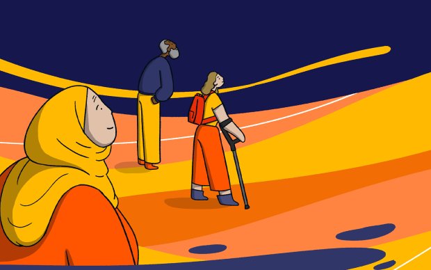 An illustration of three people looking into the distance against a coloured landscape