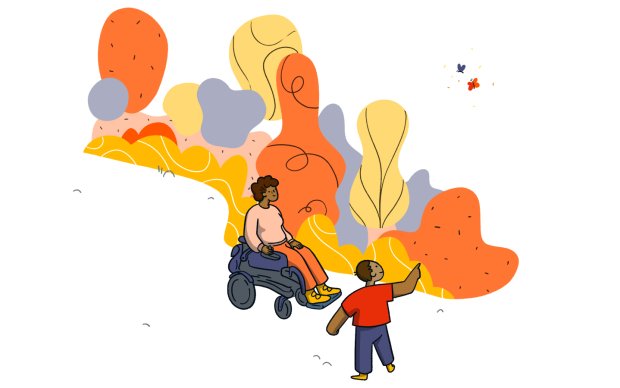 An illustration of a woman in a motorised scooter and a man in front of a wood