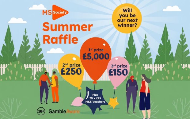 An illustrated advertisement for the MS Society "Summer Raffle" set in a sunny park. Large, colorful balloons in the center display the main prizes: 1st prize of £5,000, 2nd prize of £250, and 3rd prize of £150, plus 20 x £25 M&S Vouchers shown on a star shape below.