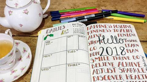 Open bullet diary on table