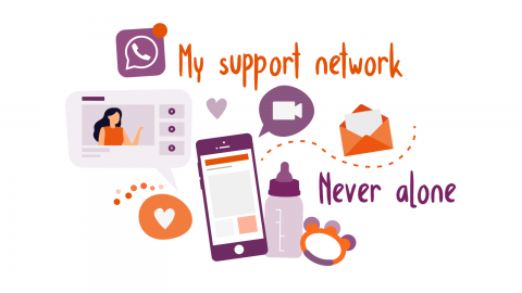 Swirly illustration of baby bottle and mobile phone with apps. Text reads my support network and never alone.