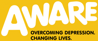 Aware logo. Text reads: Aware. Overcoming Depression. Changing lives.