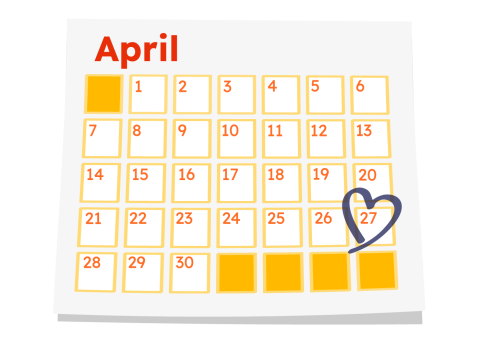An illustration of a calendar page for April, with a heart drawn round the number 27