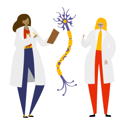 Illustration of two scientists stood beside a neuron