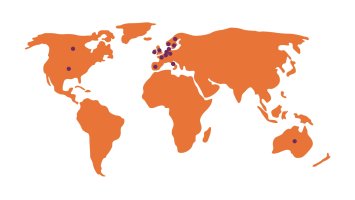 Map of the world in orange with purple dots in Australia, America, Canada, and Europe.