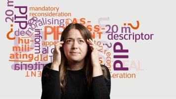 Woman looking confused, with unreadable words in the backgroundy