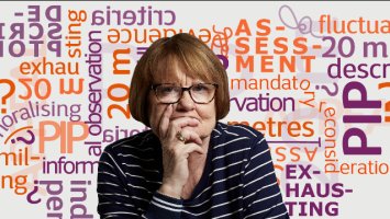 Woman looking fed up, with unreadable words in the background