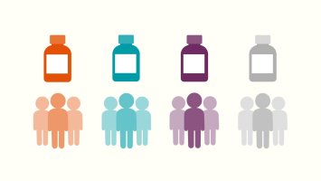 Graphic showing 4 different coloured medicine bottles and 4 groups of people