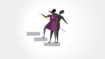 Animation still of Black woman climbing stairs with her shadow falling backwards