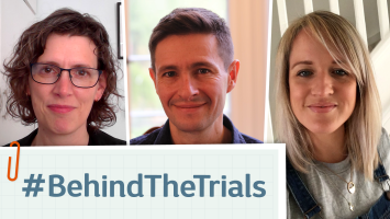 A collage of three people involved in the DELIVER-MS trial - Gwen, a patient advocate, Dan, a neurologist a trial lead, and Lucy, and participant in the trial.