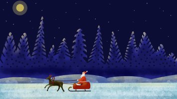Illustration of Santa Claus in his sleigh on a moonlit night