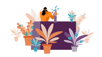An illustration shows a woman dressed in orange tending to plants and flowers