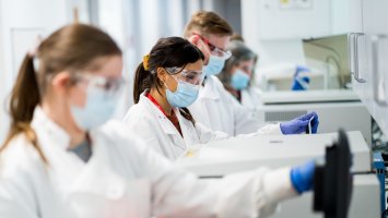 An image of four researchers working in the lab