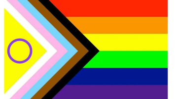 Pride flag with red orange yellow green blue an indigo horizontal stripes on the rightand a yellow triangle with white pink blue brown and black chevrons on the left