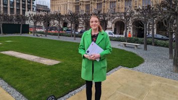 Charlotte Nichols MP, standing outside parliament